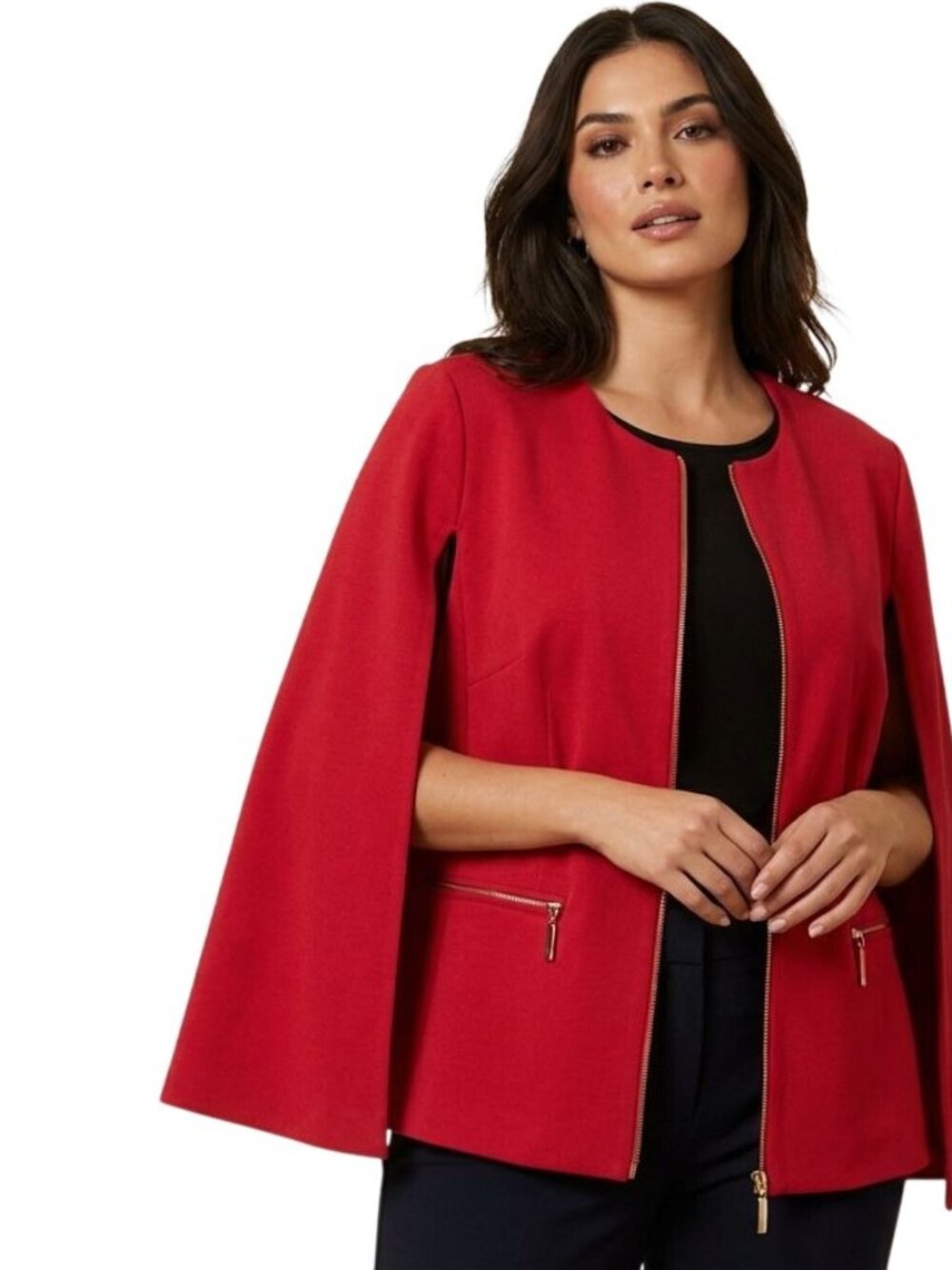 NWT Chicos Cape Blazer Sz Med Red Cloak Jacket Full Zip Pockets Office Evening